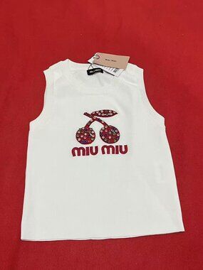 Miu Miu White Cherry Embellished Knit Tank Top NWT